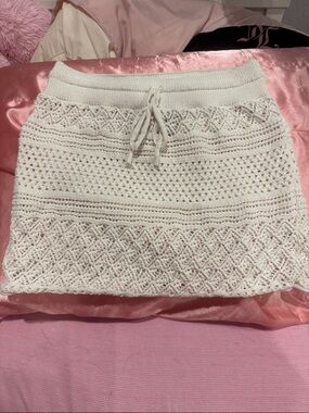 Cream Crochet Drawstring Mini Skirt